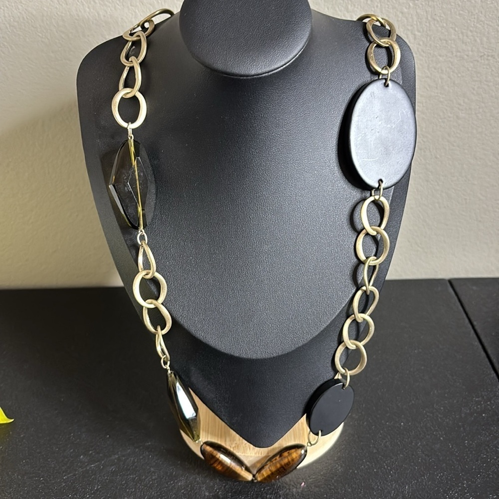 Long Chain Mixed Media Glass Bead Black and Gold Necklace​
